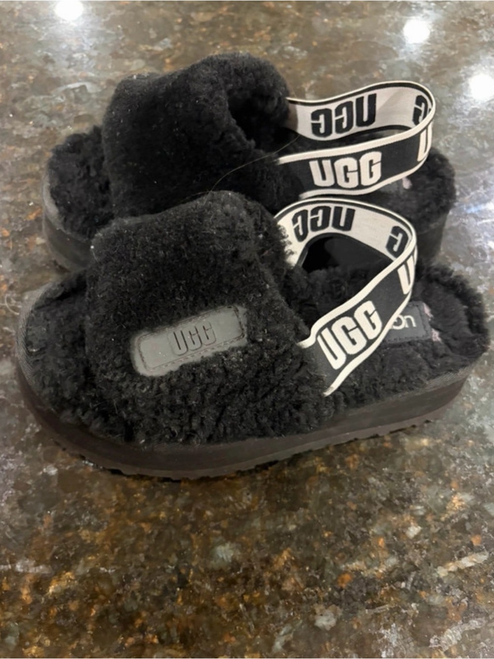 UGG Kids Black Shearling Slide Sandals with Logo Heel Strap
